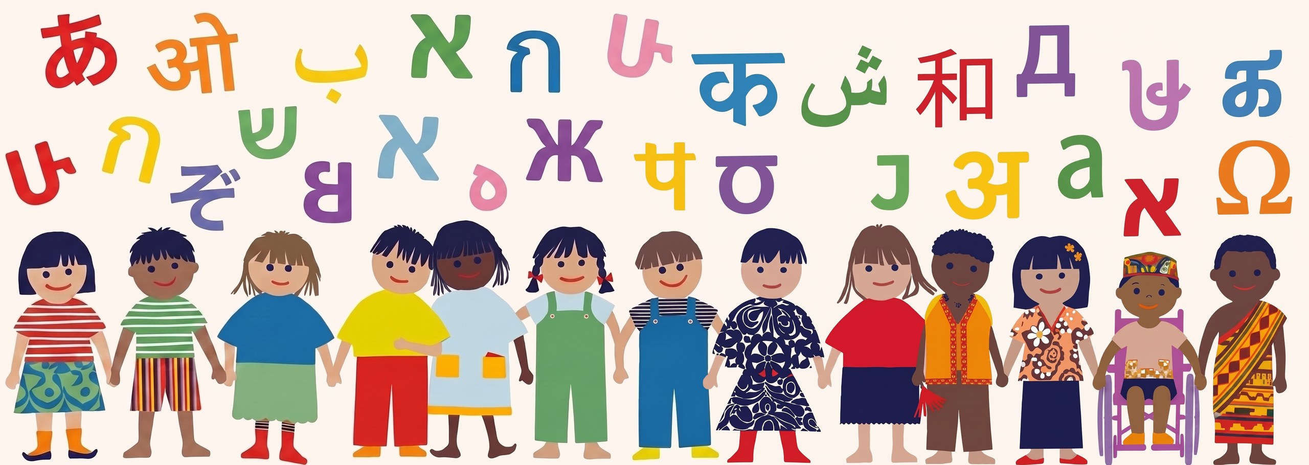An illustrated row of children from many backgrounds standing hand in hand, beneath a scatter of letterforms from Devanagari, Arabic, Hebrew, Armenian, Cyrillic, Greek, Chinese, Tamil, Bangla and other writing systems.