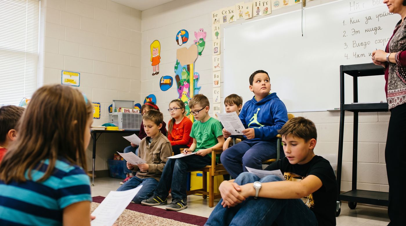 Children seated in a community school classroom, reading from printed sheets.